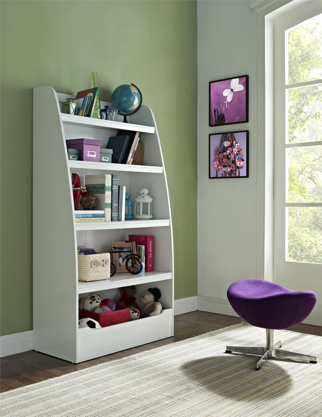 Mia Kids 4 Shelf Ladder Bookcase with Toy Storage - White