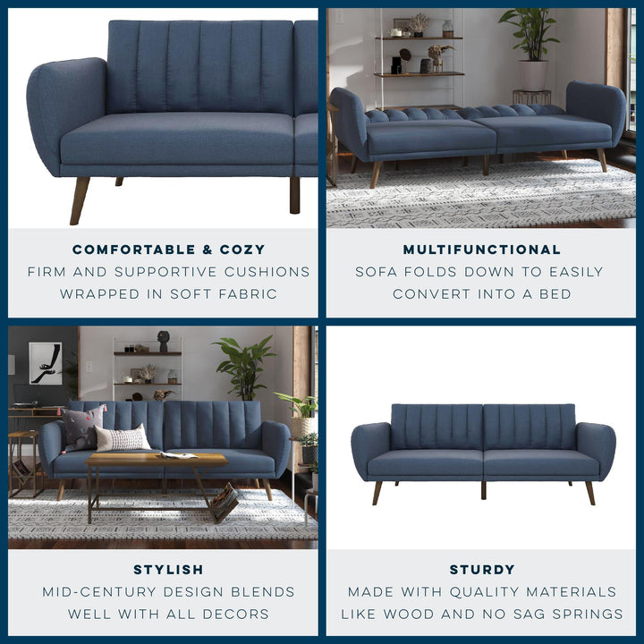 Brittany Futon with Vertical Channel Tufting and Curved Armrests - Navy