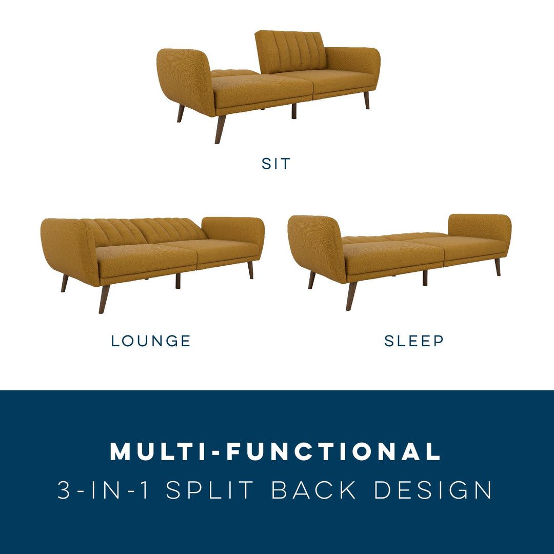 Brittany Futon with Vertical Channel Tufting and Curved Armrests - Mustard
