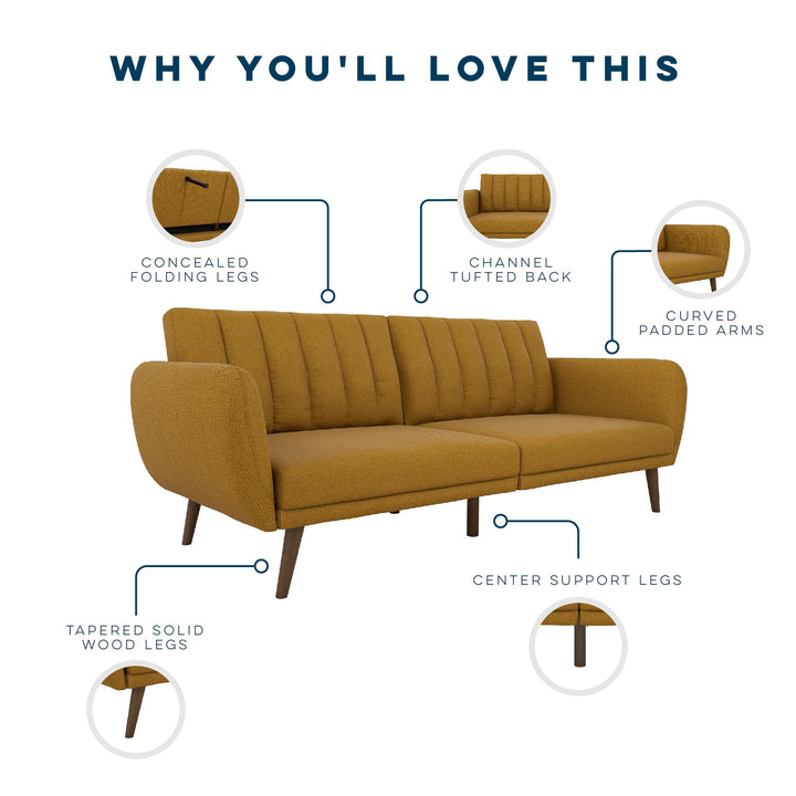 Brittany Futon with Vertical Channel Tufting and Curved Armrests - Mustard