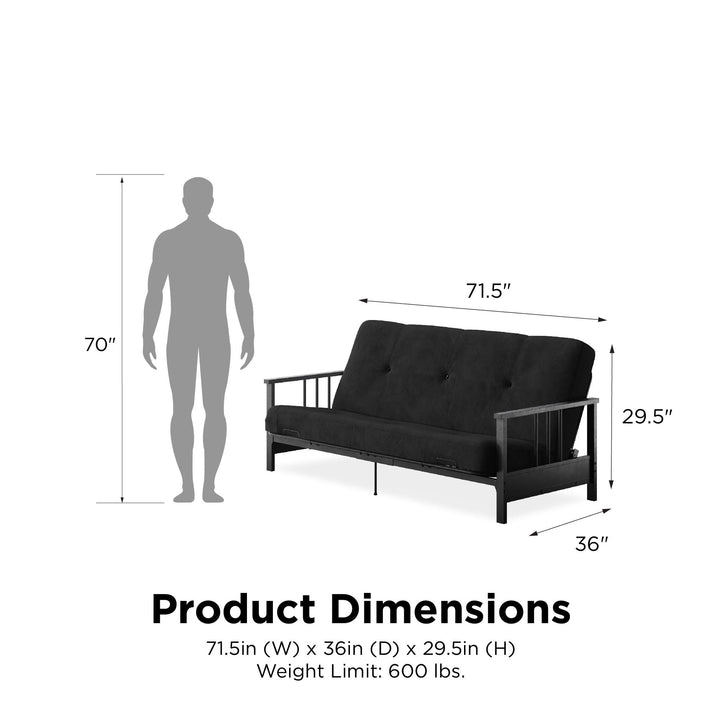 Harlow Full Metal Arm Futon with 6 Inch Thermobonded High Density Polyester Fill Futon Mattress - Black