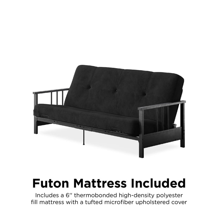 Harlow Full Metal Arm Futon with 6 Inch Thermobonded High Density Polyester Fill Futon Mattress - Black