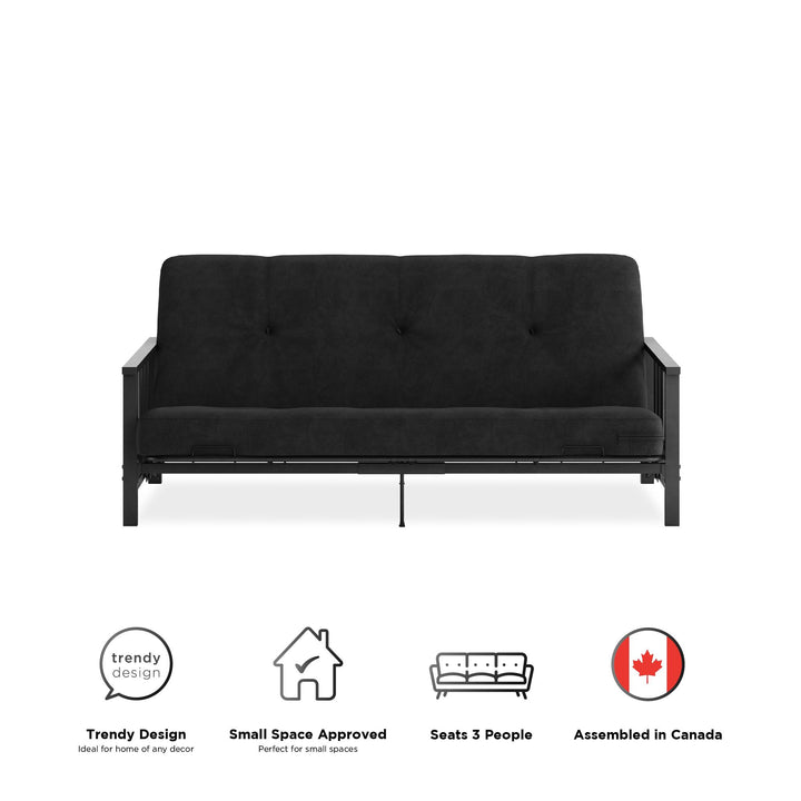 Harlow Full Metal Arm Futon with 6 Inch Thermobonded High Density Polyester Fill Futon Mattress - Black
