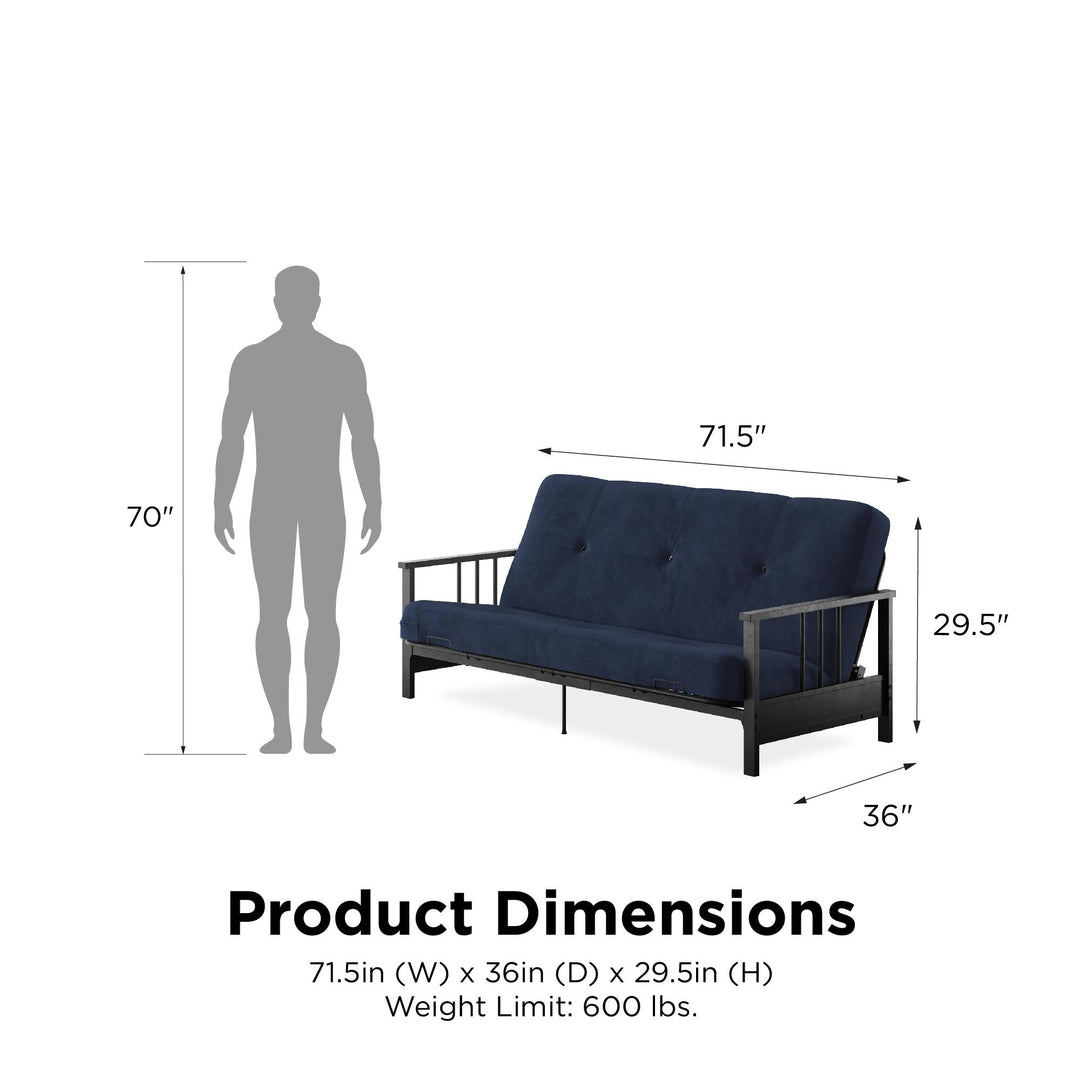 Harlow Full Metal Arm Futon with 6 Inch Thermobonded High Density Polyester Fill Futon Mattress - Blue