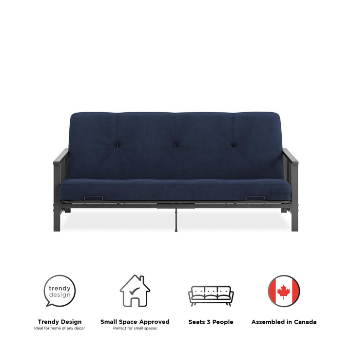 Harlow Full Metal Arm Futon with 6 Inch Thermobonded High Density Polyester Fill Futon Mattress - Blue
