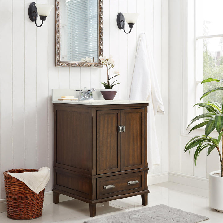 Otum Solid Wood 18-30 Inch Bathroom Vanity with Pre-Installed Oval Porcelain Sink - Dark Walnut - 24"