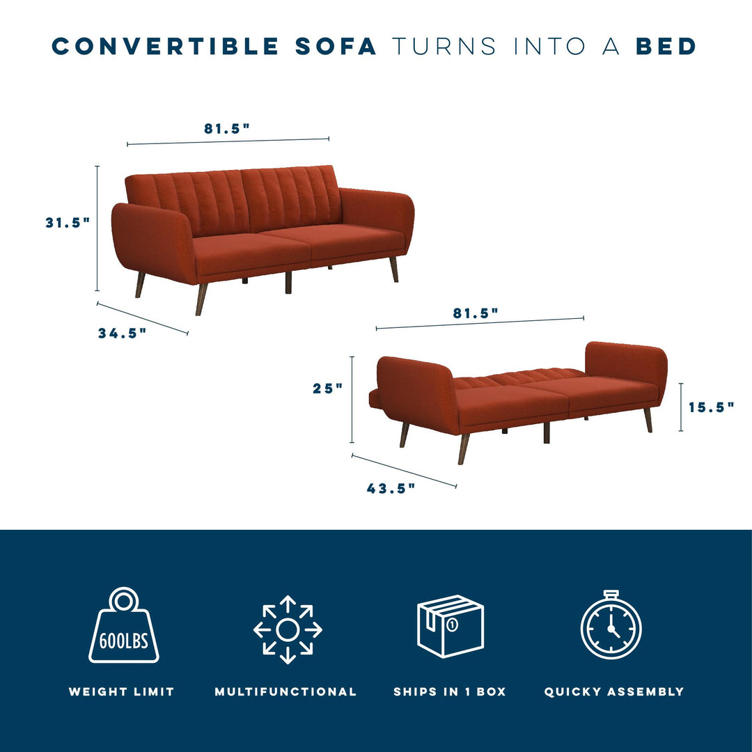 Brittany Futon with Vertical Channel Tufting and Curved Armrests - Orange