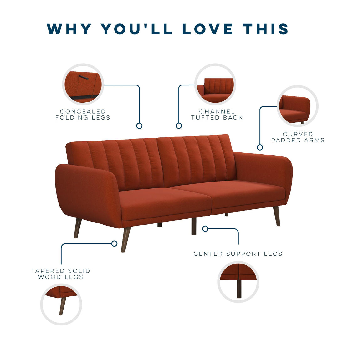 Brittany Futon with Vertical Channel Tufting and Curved Armrests - Orange
