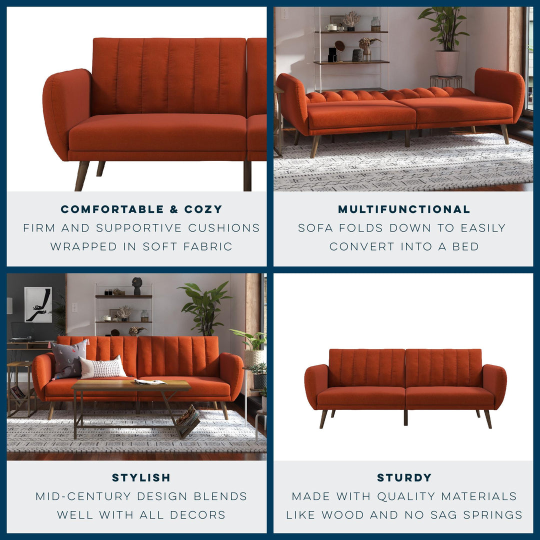 Brittany Futon with Vertical Channel Tufting and Curved Armrests - Orange