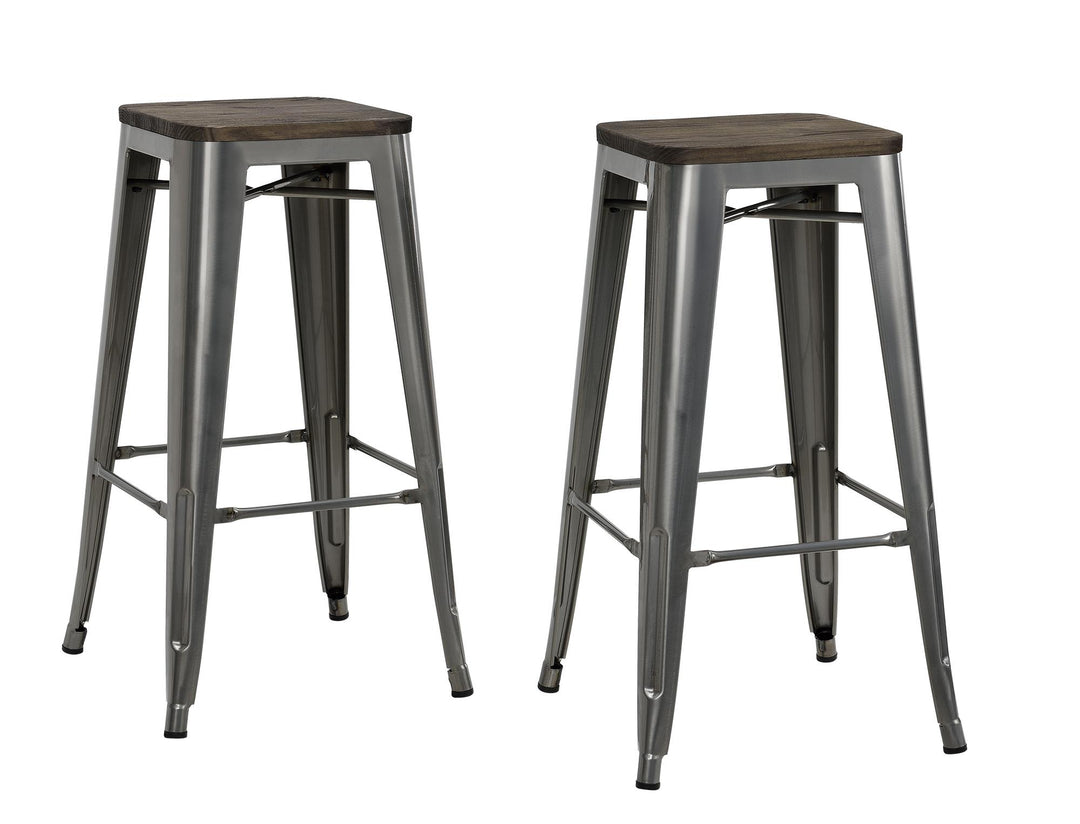 Fusion 30 Inch Metal Backless Bar Stool with Wood Seat, Set of 2 - Silver