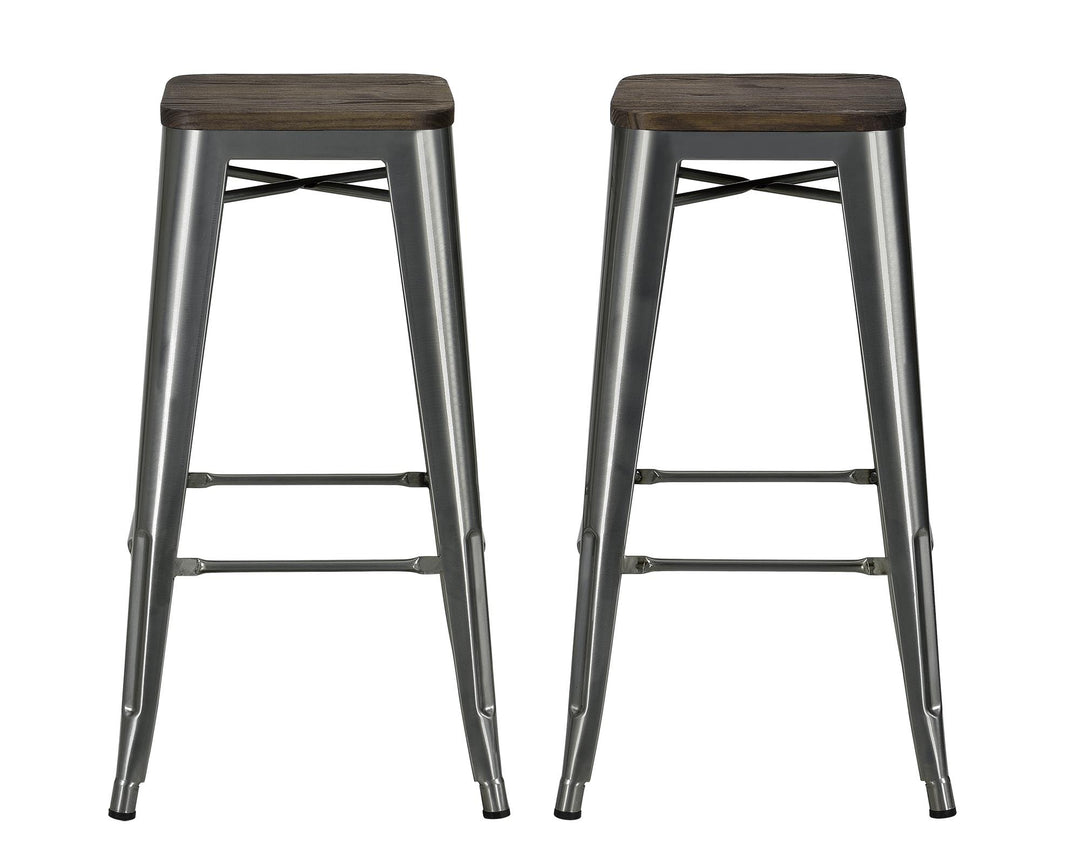 Fusion 30 Inch Metal Backless Bar Stool with Wood Seat, Set of 2 - Silver