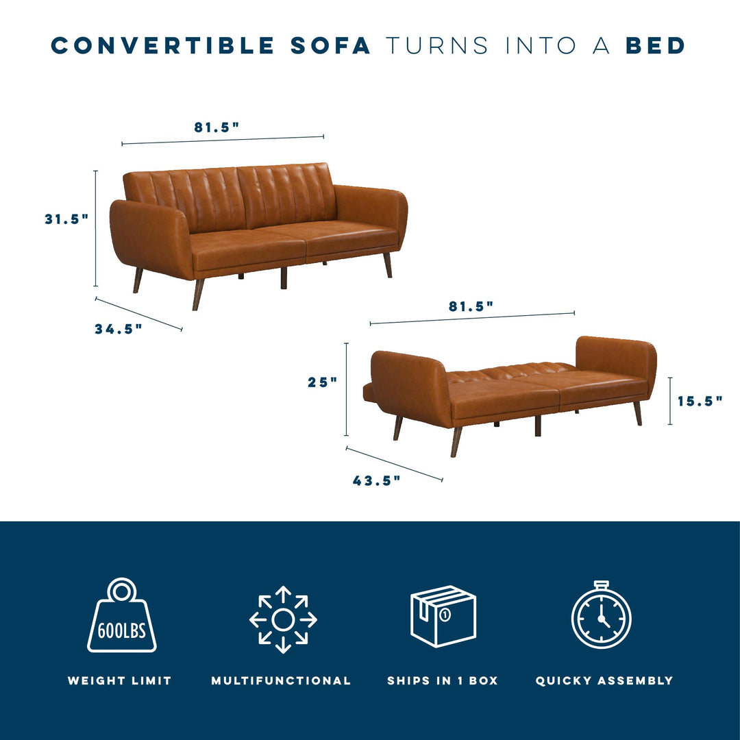 Brittany Futon with Vertical Channel Tufting and Curved Armrests - Camel Faux Leather