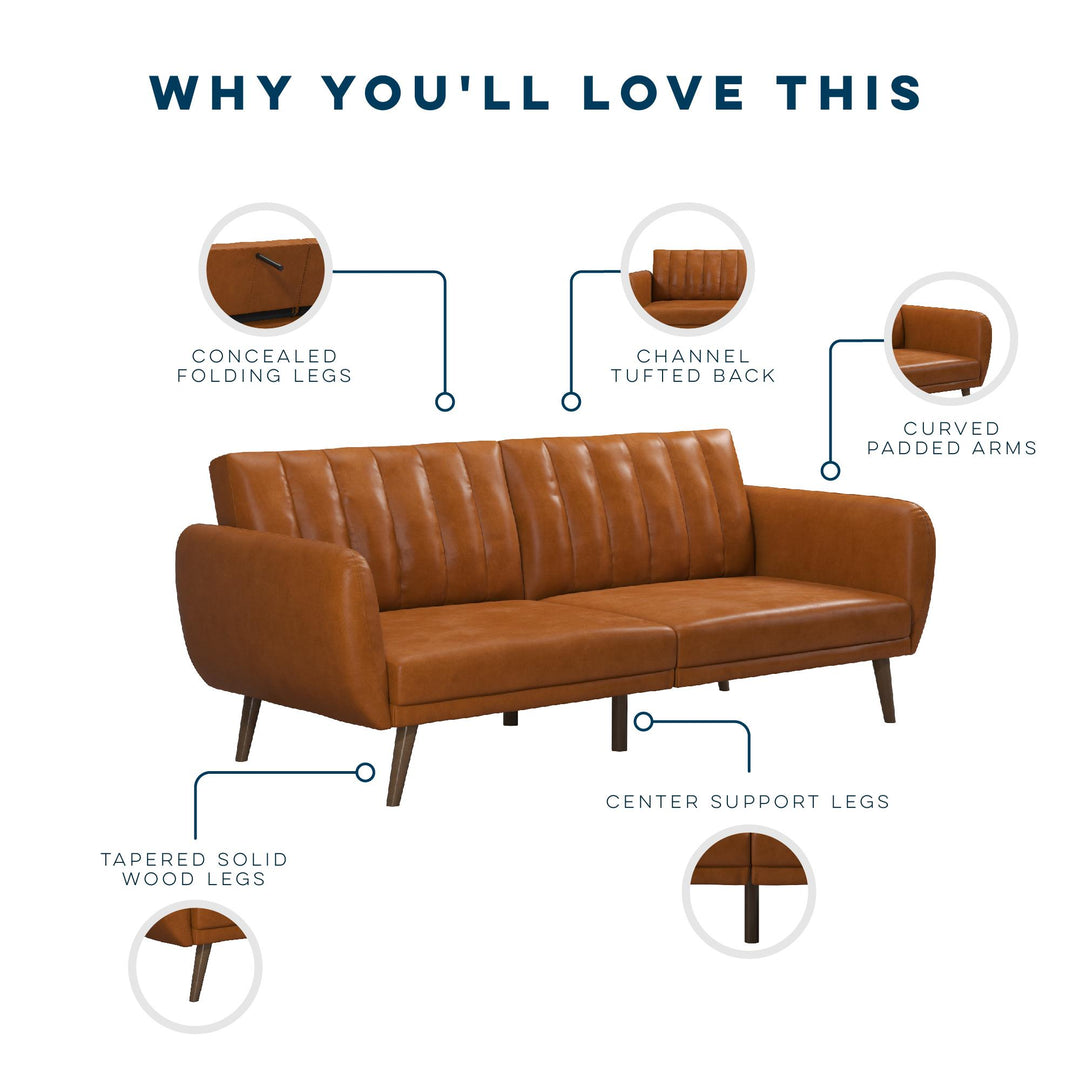 Brittany Futon with Vertical Channel Tufting and Curved Armrests - Camel Faux Leather