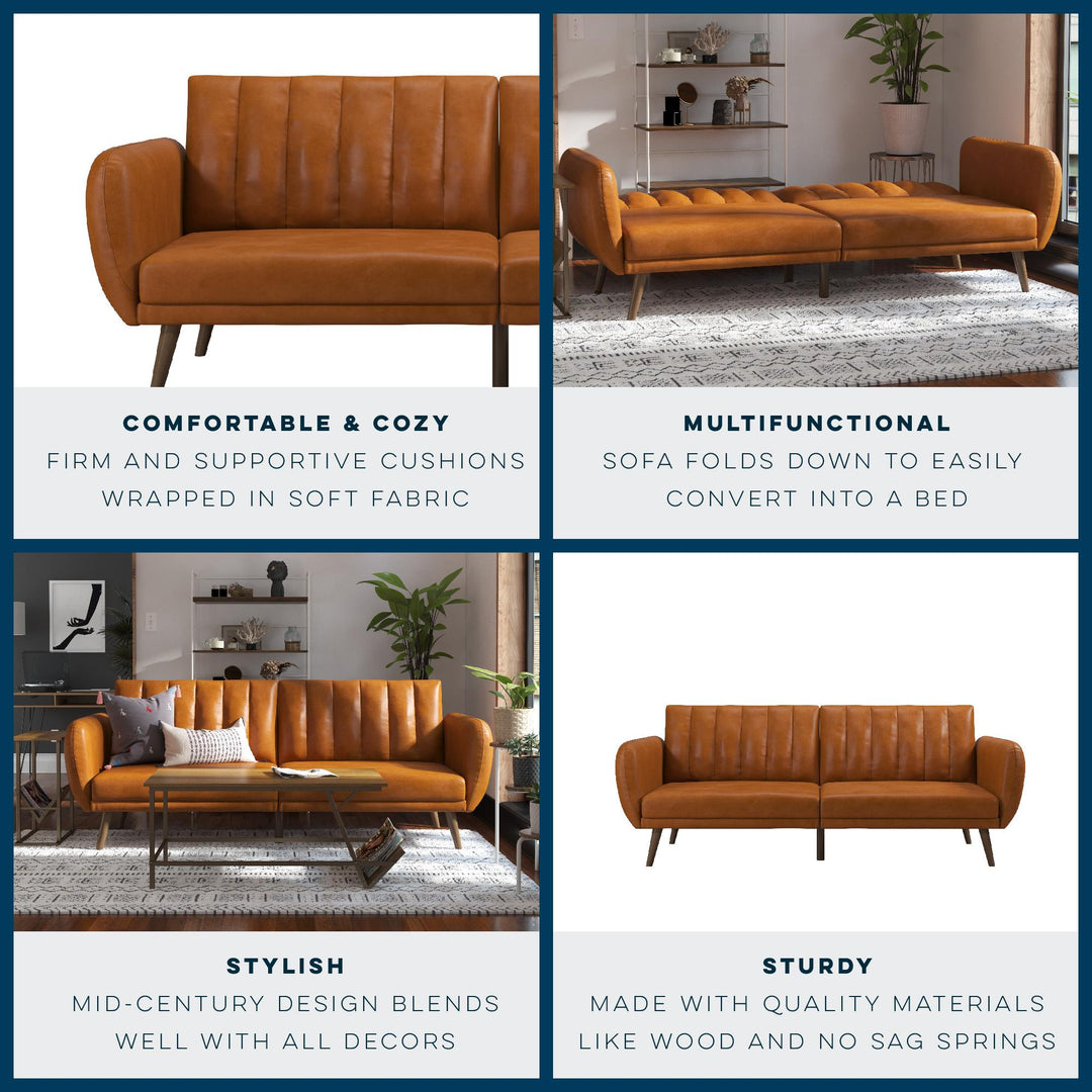 Brittany Futon with Vertical Channel Tufting and Curved Armrests - Camel Faux Leather