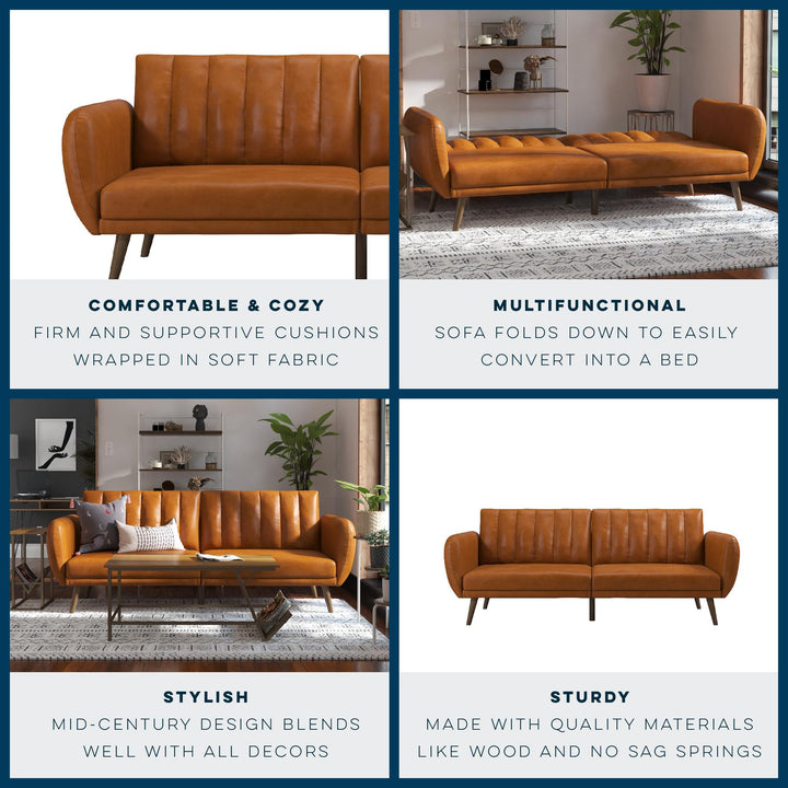 Brittany Futon with Vertical Channel Tufting and Curved Armrests - Camel Faux Leather