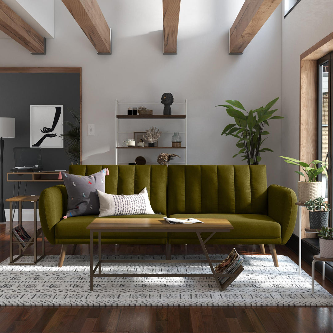 Brittany Futon with Vertical Channel Tufting and Curved Armrests - Green