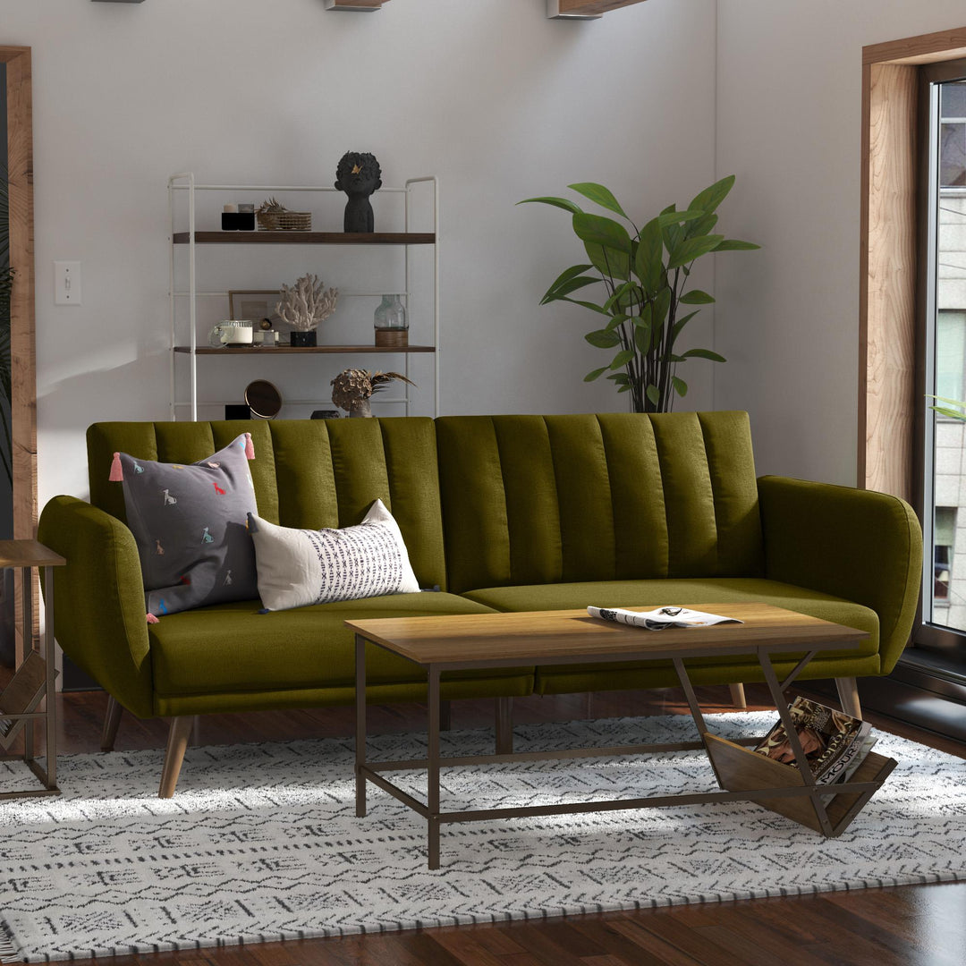 Brittany Futon with Vertical Channel Tufting and Curved Armrests - Green
