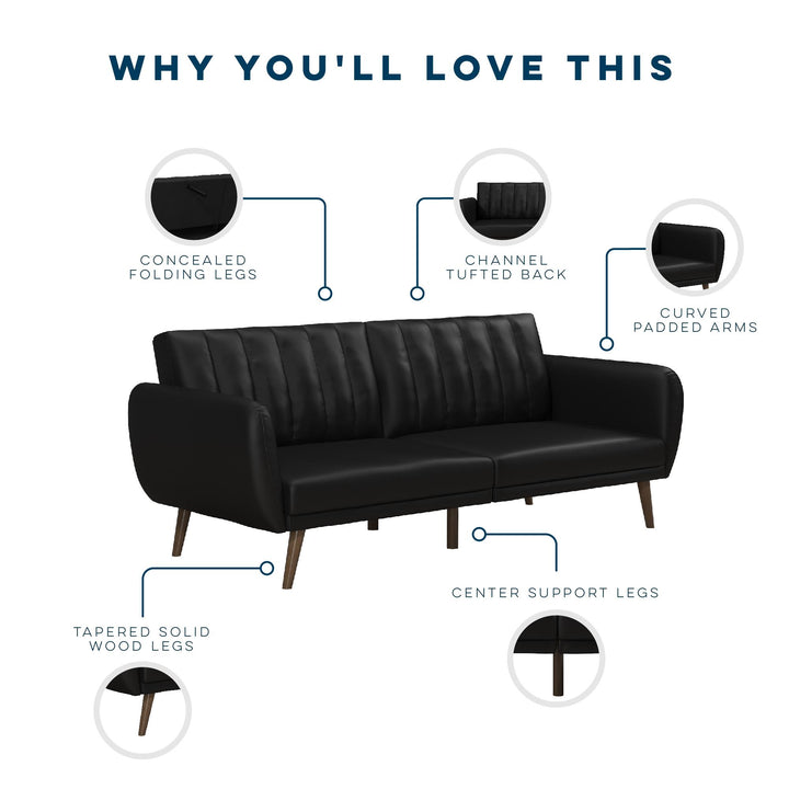 Brittany Futon with Vertical Channel Tufting and Curved Armrests - Black