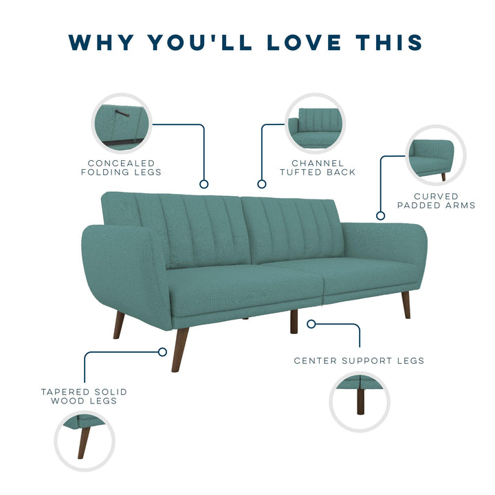 Brittany Futon with Vertical Channel Tufting and Curved Armrests - Teal