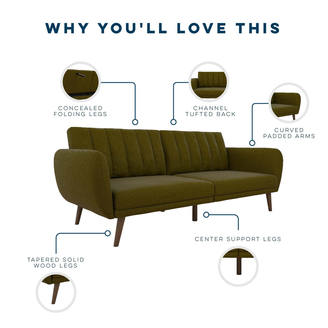 Brittany Futon with Vertical Channel Tufting and Curved Armrests - Green