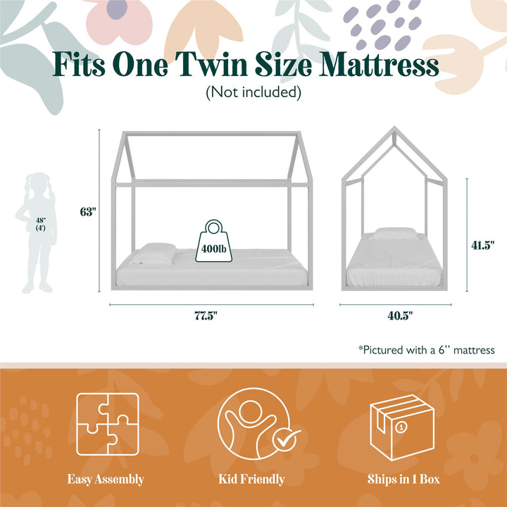 Rowan Valley Skyler Sturdy Floor Metal House Bed with Slats - Dove Gray - Twin