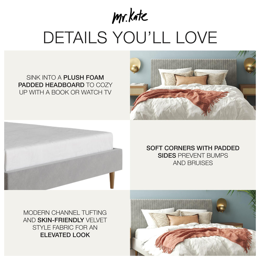 Daphne Velvet Upholstered Bed with Channel Tufted Headboard - Light Gray - Full