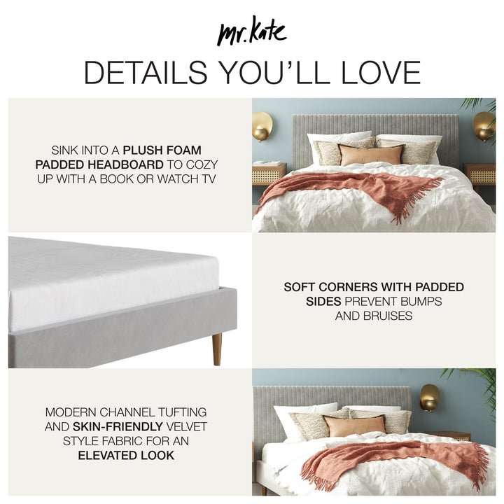 Daphne Velvet Upholstered Bed with Channel Tufted Headboard - Light Gray - Full