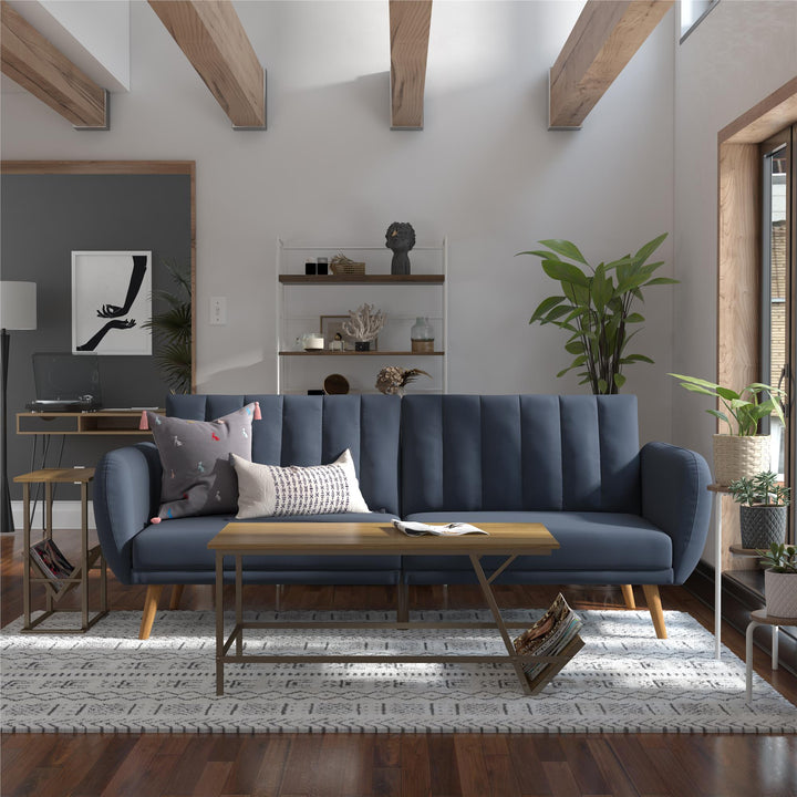 Brittany Futon with Vertical Channel Tufting and Curved Armrests - Navy