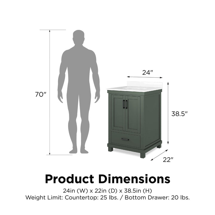 Sunnybrooke Solid Wood 24-30 Inch Bathroom Vanity with Pre-Installed Oval Porcelain Sink - Green - 24"