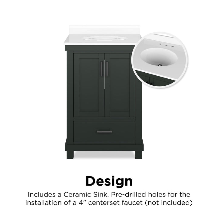 Sunnybrooke Solid Wood 24-30 Inch Bathroom Vanity with Pre-Installed Oval Porcelain Sink - Green - 24"