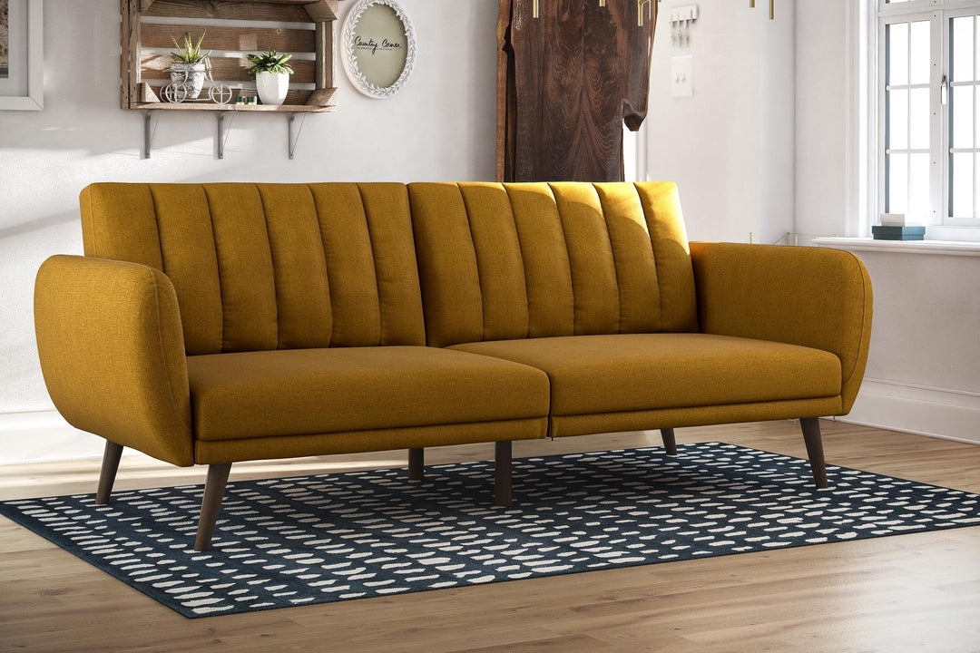 Brittany Futon with Vertical Channel Tufting and Curved Armrests - Mustard