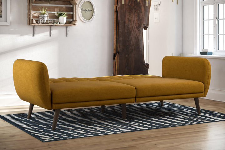 Brittany Futon with Vertical Channel Tufting and Curved Armrests - Mustard
