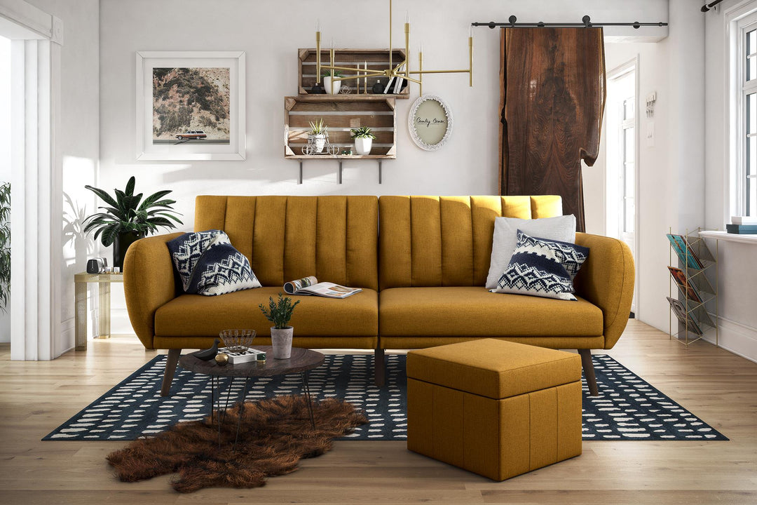 Brittany Futon with Vertical Channel Tufting and Curved Armrests - Mustard