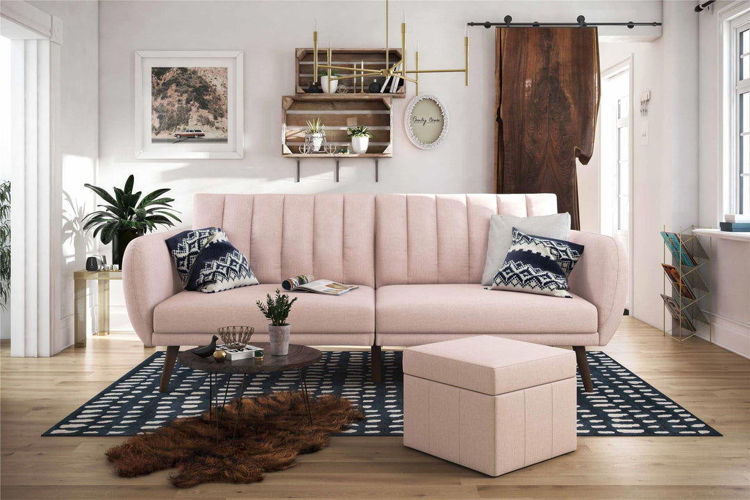Brittany Futon with Vertical Channel Tufting and Curved Armrests - Pink