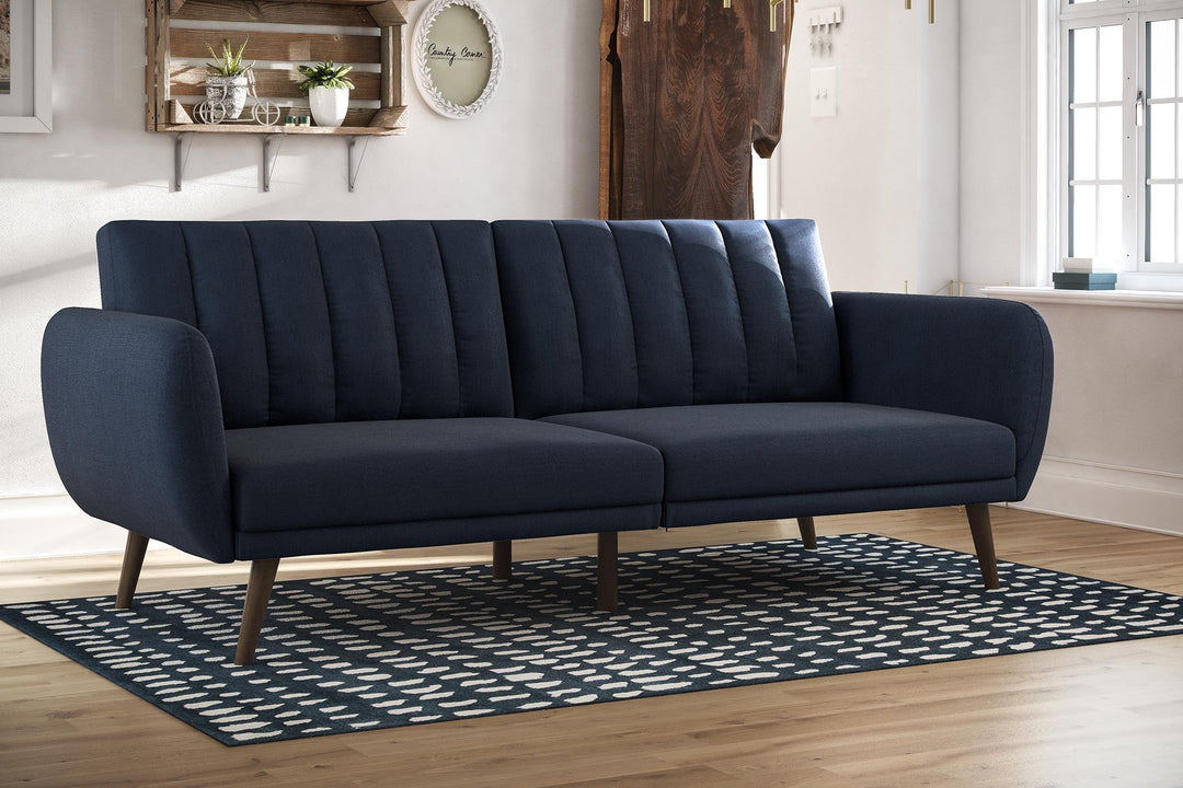 Brittany Futon with Vertical Channel Tufting and Curved Armrests - Navy