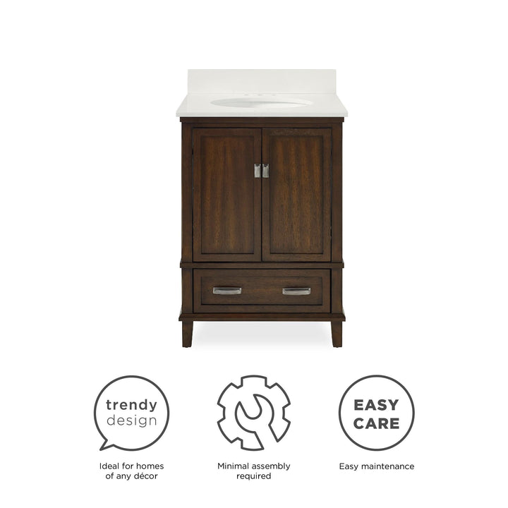 Otum Solid Wood 18-30 Inch Bathroom Vanity with Pre-Installed Oval Porcelain Sink - Dark Walnut - 24"