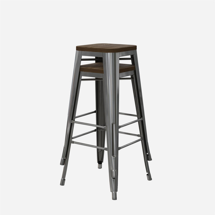 Fusion 30 Inch Metal Backless Bar Stool with Wood Seat, Set of 2 - Silver