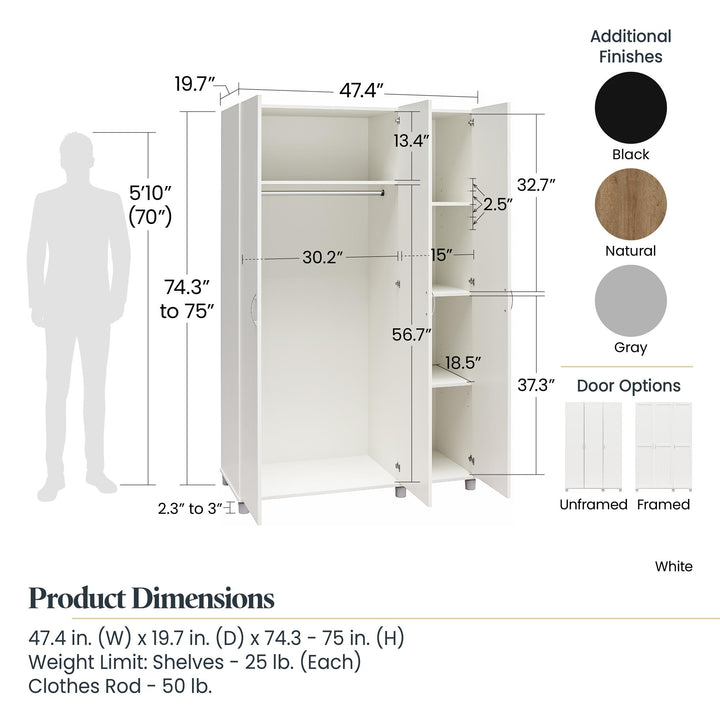 Basin 3 Door Wardrobe with Clothing Rod & Adjustable Shelving - Dove Gray