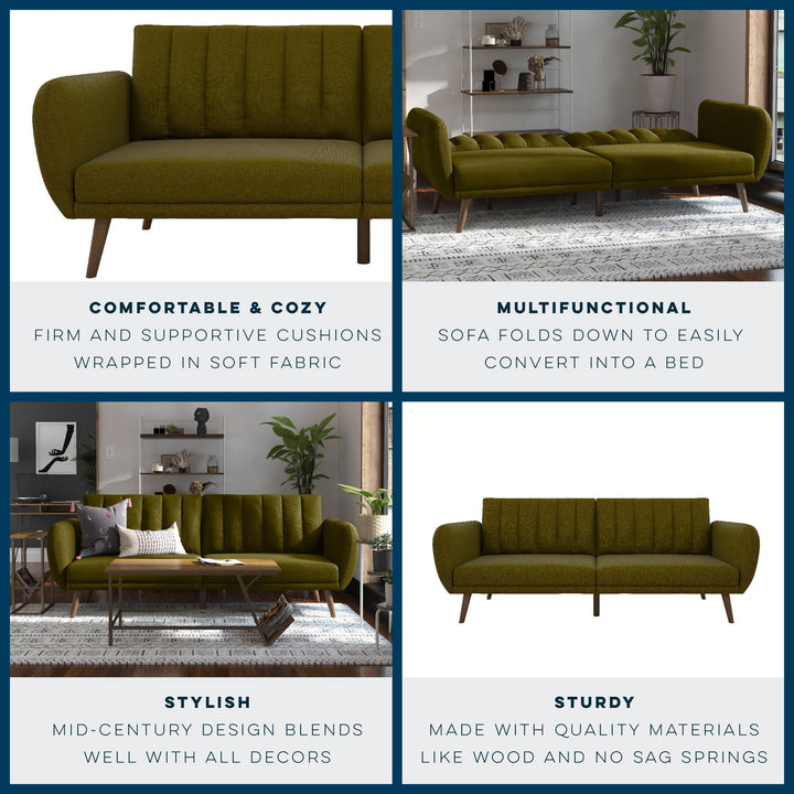 Brittany Futon with Vertical Channel Tufting and Curved Armrests - Green