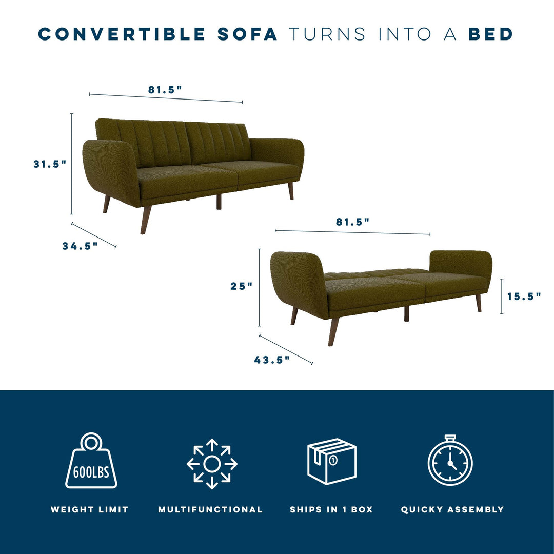 Brittany Futon with Vertical Channel Tufting and Curved Armrests - Green