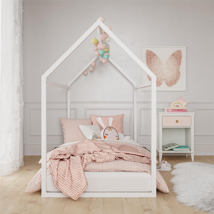 Rowan Valley Skyler Sturdy Floor Metal House Bed with Slats - White - Twin