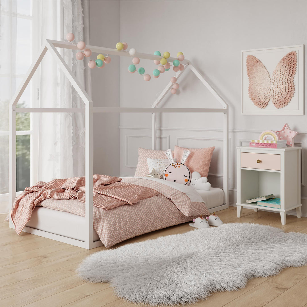 Rowan Valley Skyler Sturdy Floor Metal House Bed with Slats - White - Twin