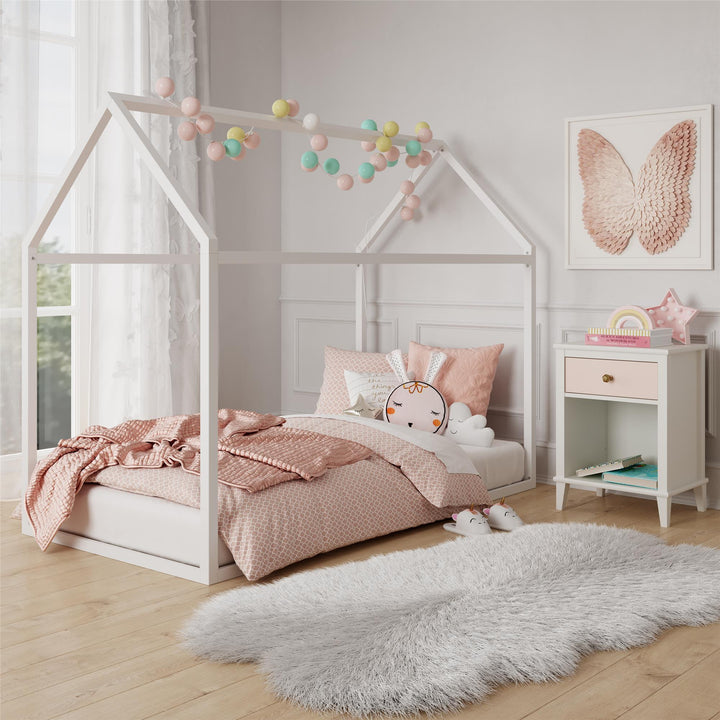 Rowan Valley Skyler Sturdy Floor Metal House Bed with Slats - White - Twin