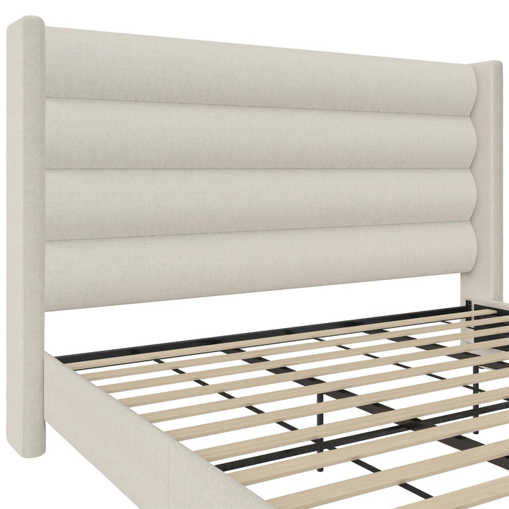 Louis Upholstered Wingback Bed with Textured Ivory Canvas - Textured Ivory Canvas - King