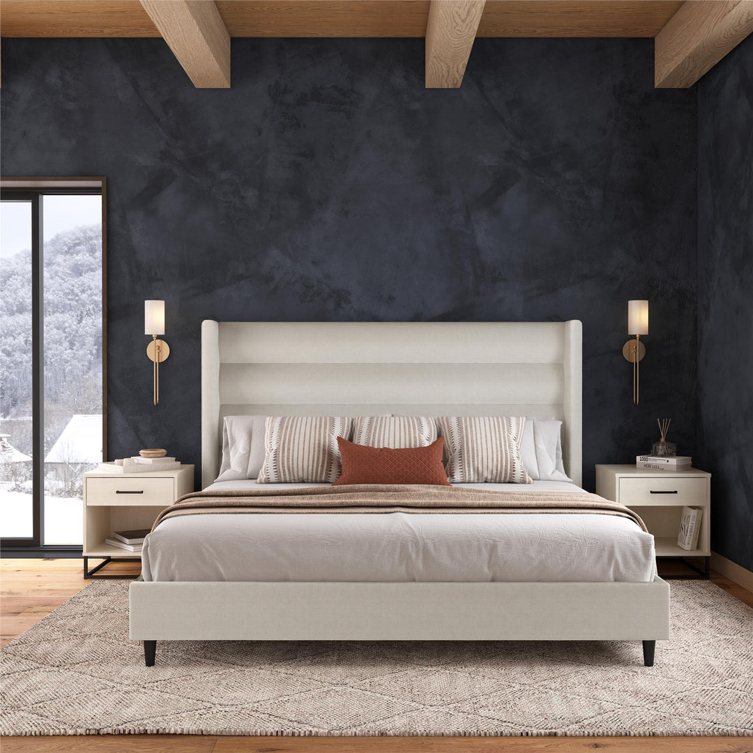 Louis Upholstered Wingback Bed with Textured Ivory Canvas - Textured Ivory Canvas - King