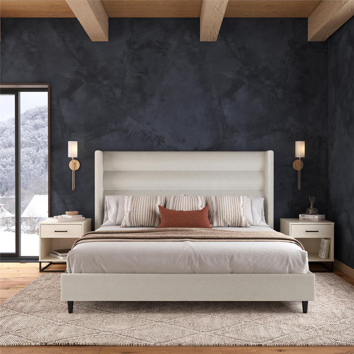 Louis Upholstered Wingback Bed with Textured Ivory Canvas - Textured Ivory Canvas - King