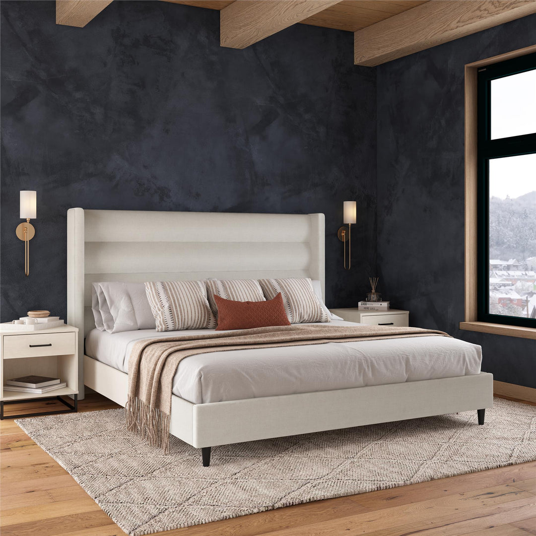 Louis Upholstered Wingback Bed with Textured Ivory Canvas - Textured Ivory Canvas - King