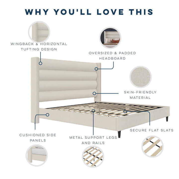 Louis Upholstered Wingback Bed with Textured Ivory Canvas - Textured Ivory Canvas - King