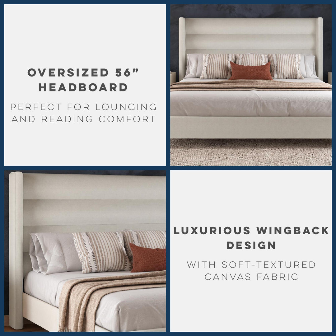 Louis Upholstered Wingback Bed with Textured Ivory Canvas - Textured Ivory Canvas - King