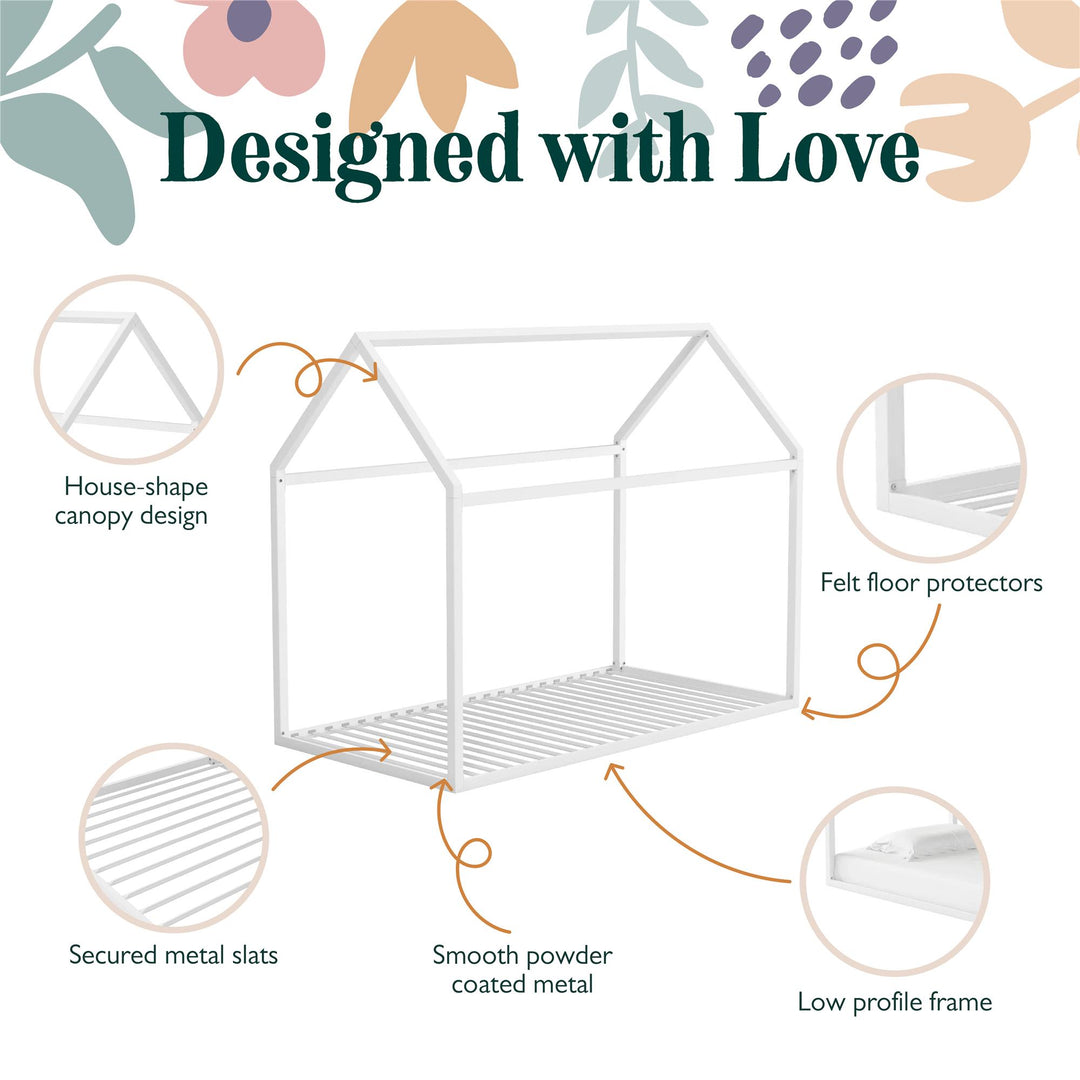 Rowan Valley Skyler Sturdy Floor Metal House Bed with Slats - White - Twin